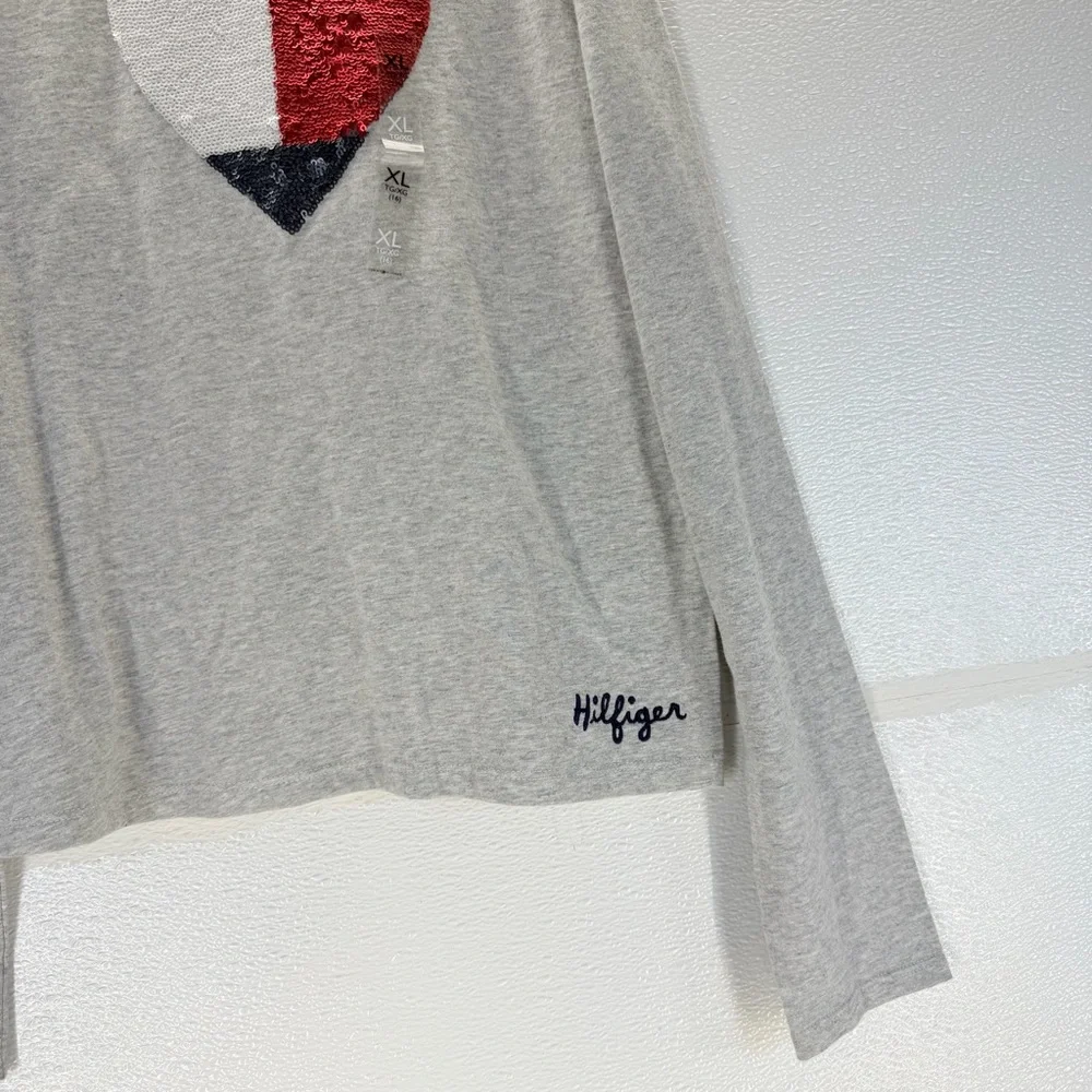 Tommy‎ Hilfiger Girls XL Gray Sequin Heart Long Sleeve Tee Cotton
